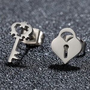 Stainless Steel Key and Heart Lock Stud Earrings